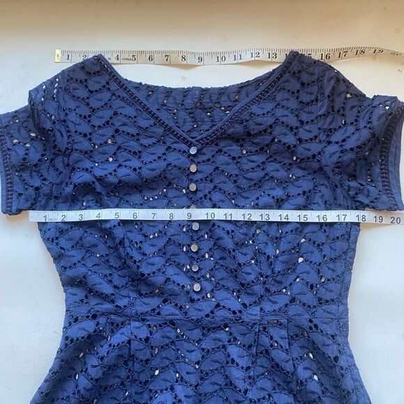 Rare Vintage Navy Blue Eyelet Lace Midi Dress Short Sleeve 50s Fit & Flare Women - Picture 8 of 12